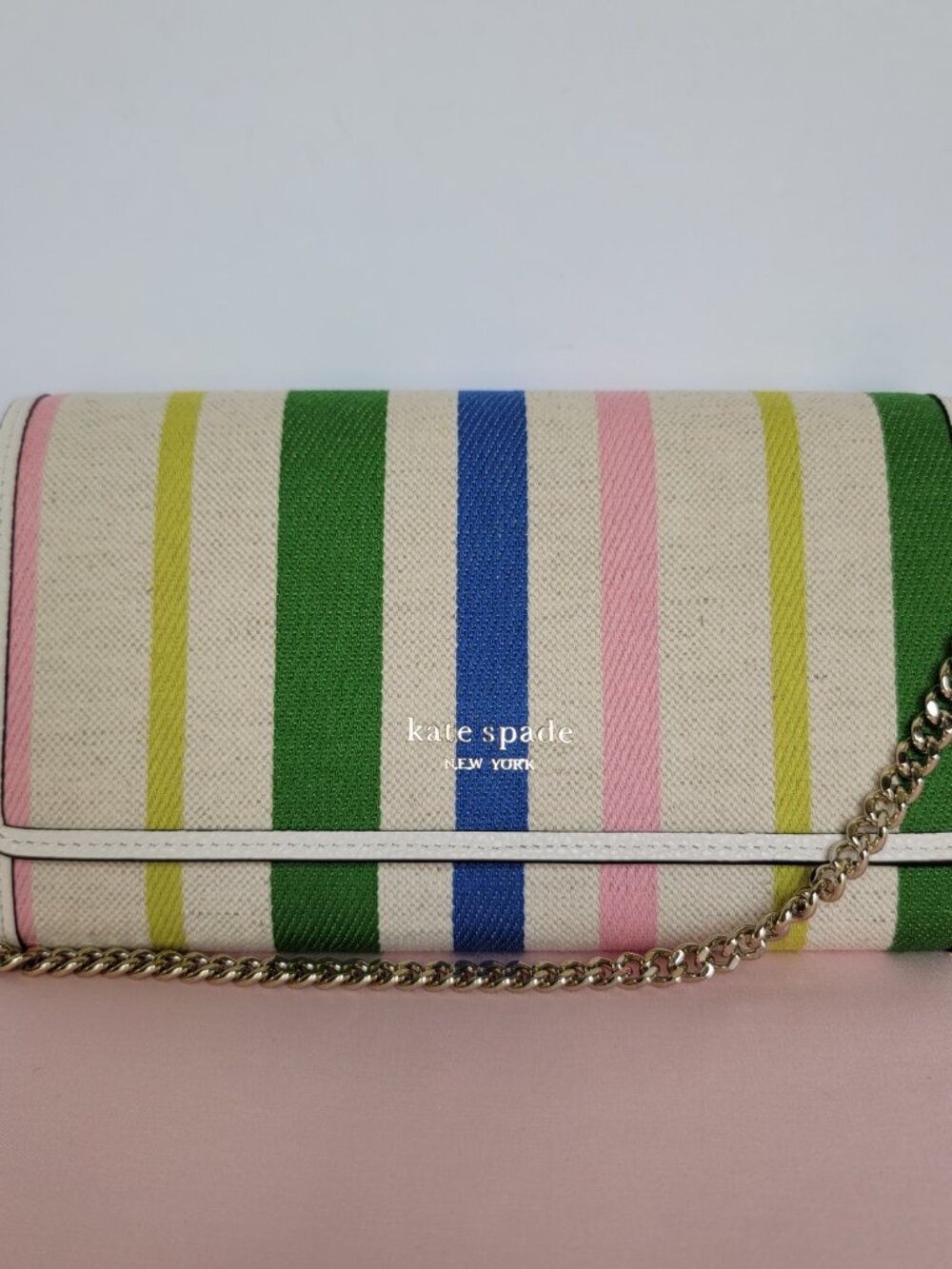 KATE SPADE Bradley Striped Canvas & Leather Large Wallet on Chain Crossbody ⭐ - Picture 5 of 16